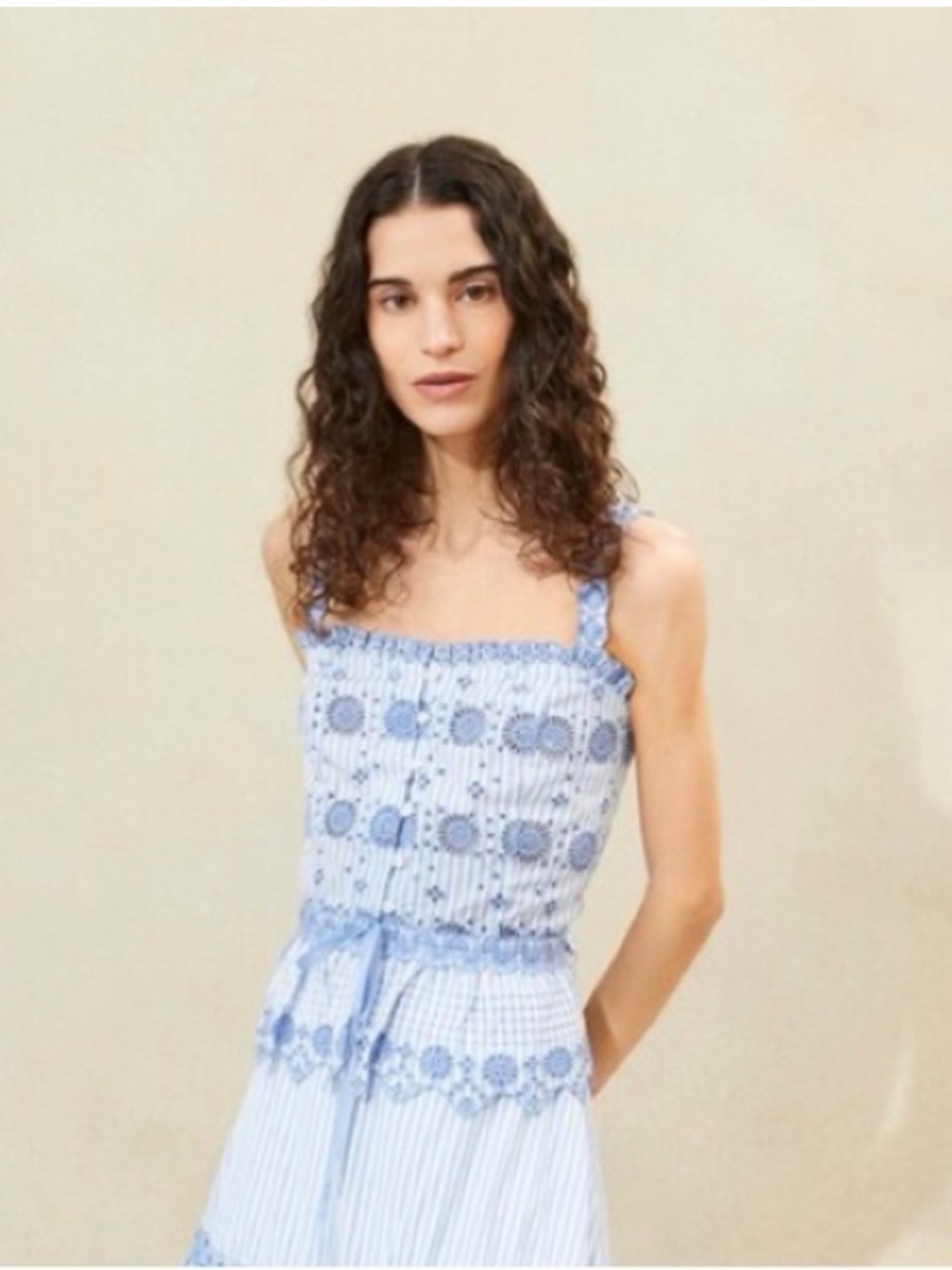 Loeffler Randall Blue and White Eyelet Striped Tank Top